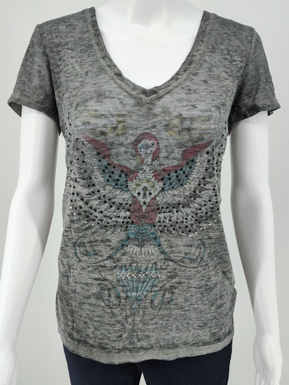 Y2K Aesthetic Crash & Burn Rhinestone Embellished Burnout V-Neck T-Shirt (8/M)